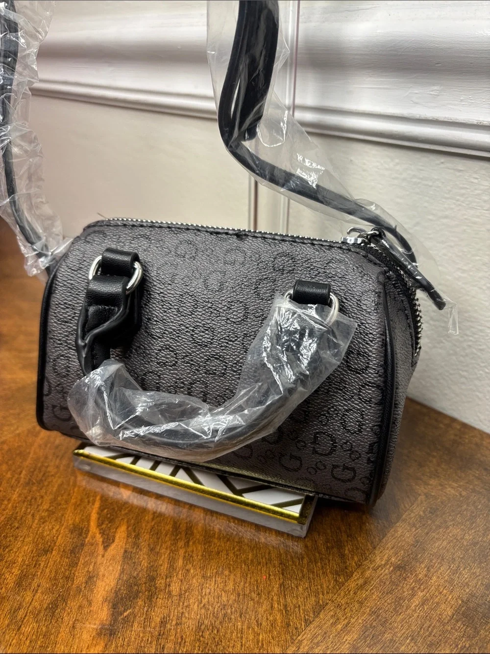 Guess Black Mini Satchel with Blue and White Center Stripe and crossbody strap - Picture 6 of 16